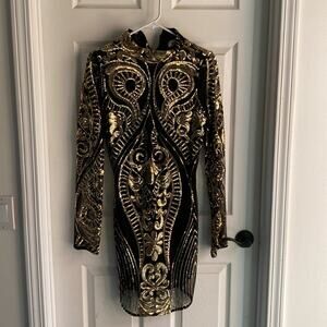 Black & Gold Sequin Bodycon Long Sleeve Dress M
